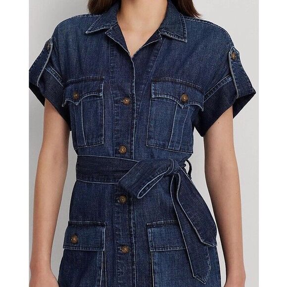 Lauren Ralph Lauren Sz 6P Belted Denim Shirt Dress Atlas Wash Short Sleeve - Picture 8 of 10